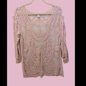 Saint Tropez sheer embroidered 3/4 sleeve peach/pink blouse size large